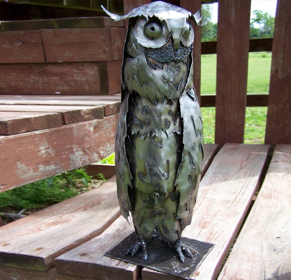 Hand Carved Metal Owl Sculpture: Modern Bird Artwork