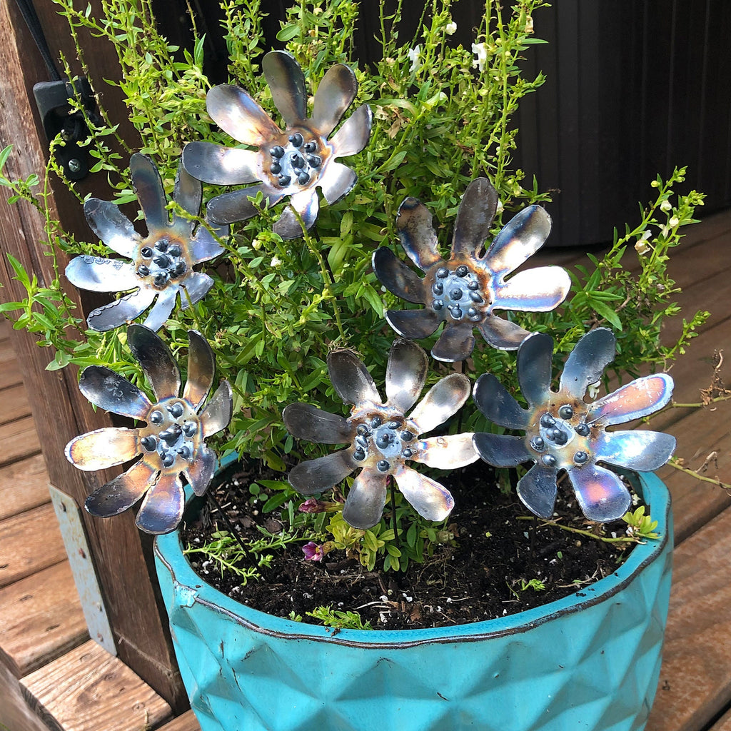 Handmade Steel Daisy Flowers - Set of 6 - Metal Garden Stakes
