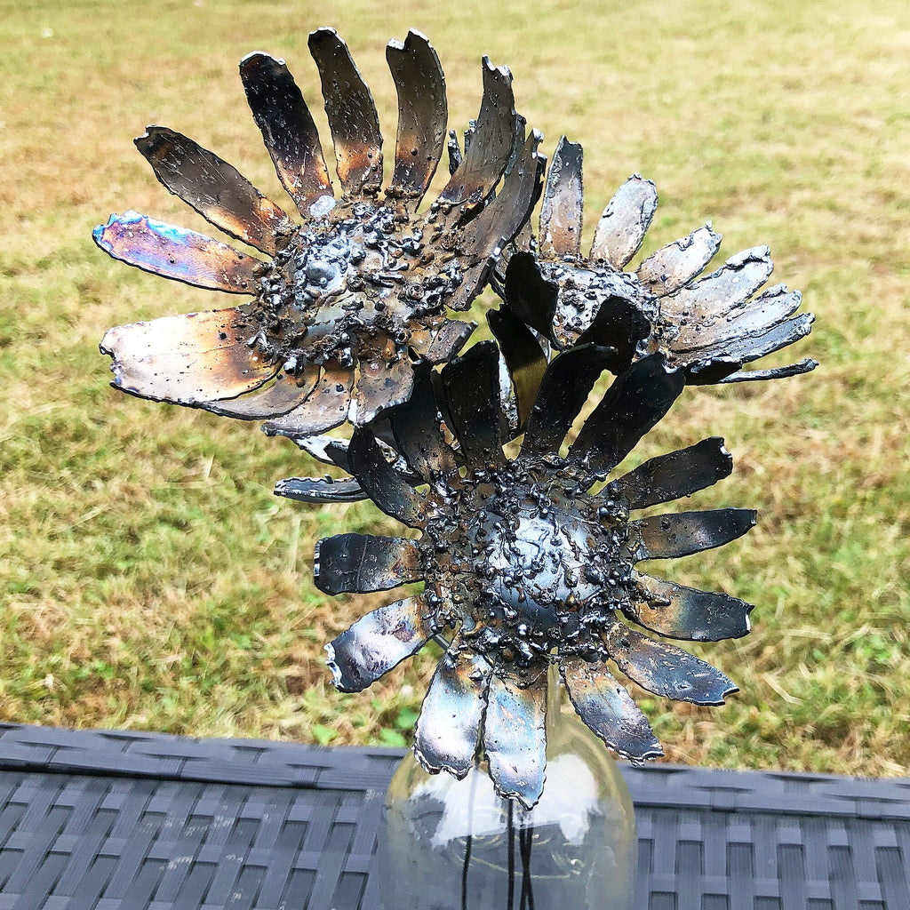 Handmade Raw Steel Gerbera Daisy Flowers: Industrial Home Decor, Set of 4
