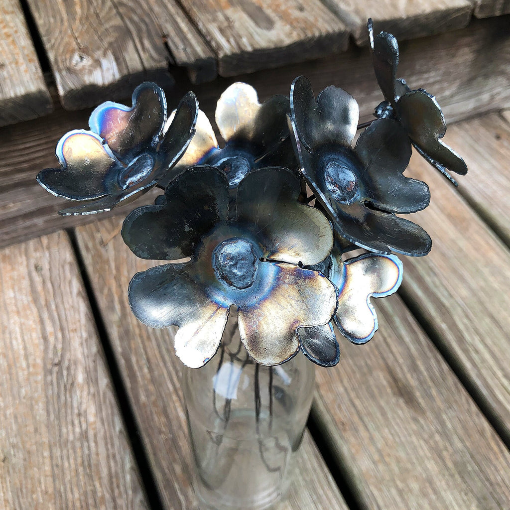 Handmade Steel Heart Flowers: Raw Industrial Metal Bouquet, Set of 6