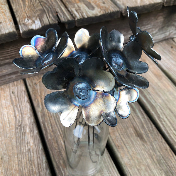 Handmade Steel Heart Flowers: Raw Industrial Metal Bouquet, Set of 6