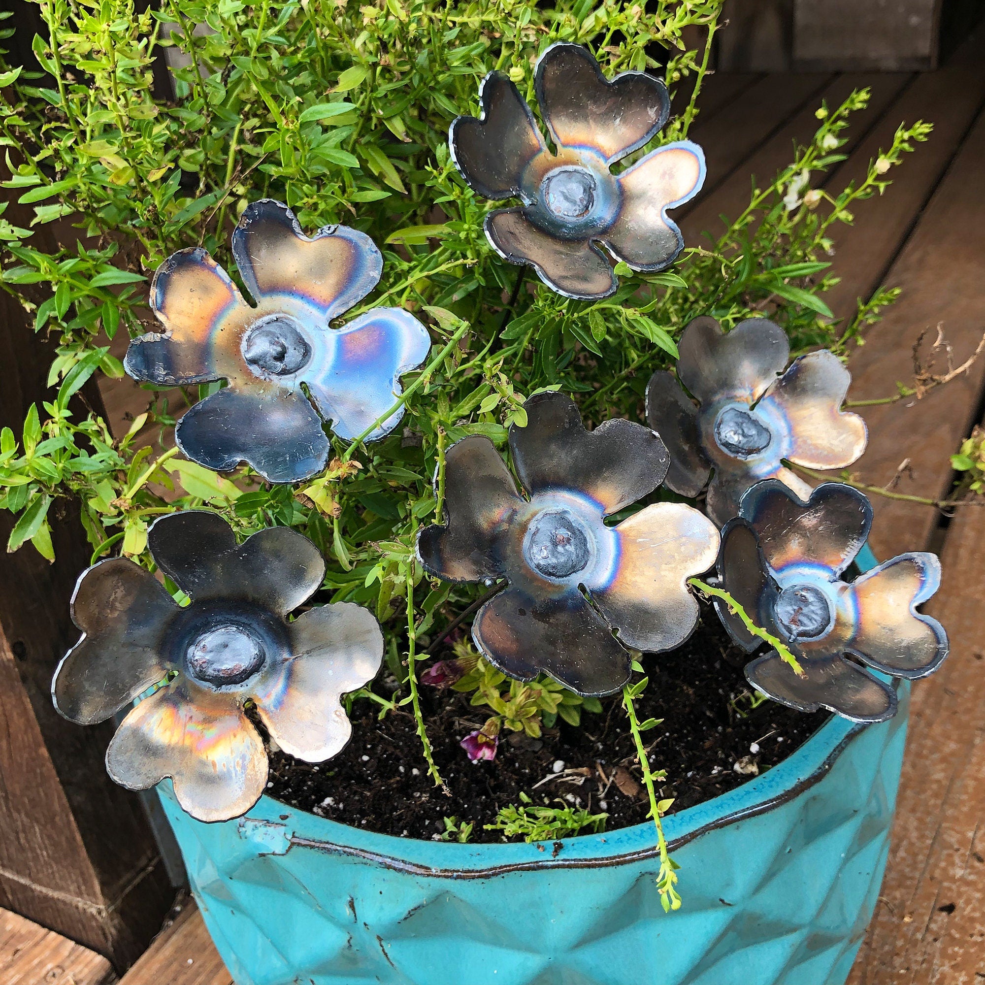 Handmade Steel Heart Flowers: Raw Industrial Metal Bouquet, Set of 6
