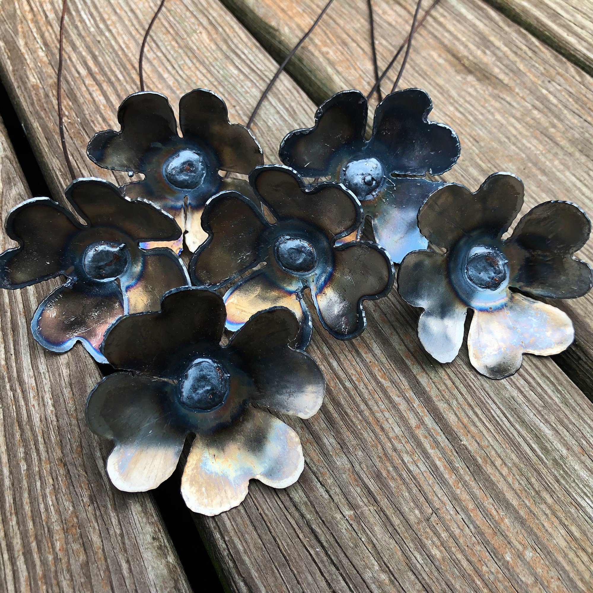 Handmade Steel Heart Flowers: Raw Industrial Metal Bouquet, Set of 6