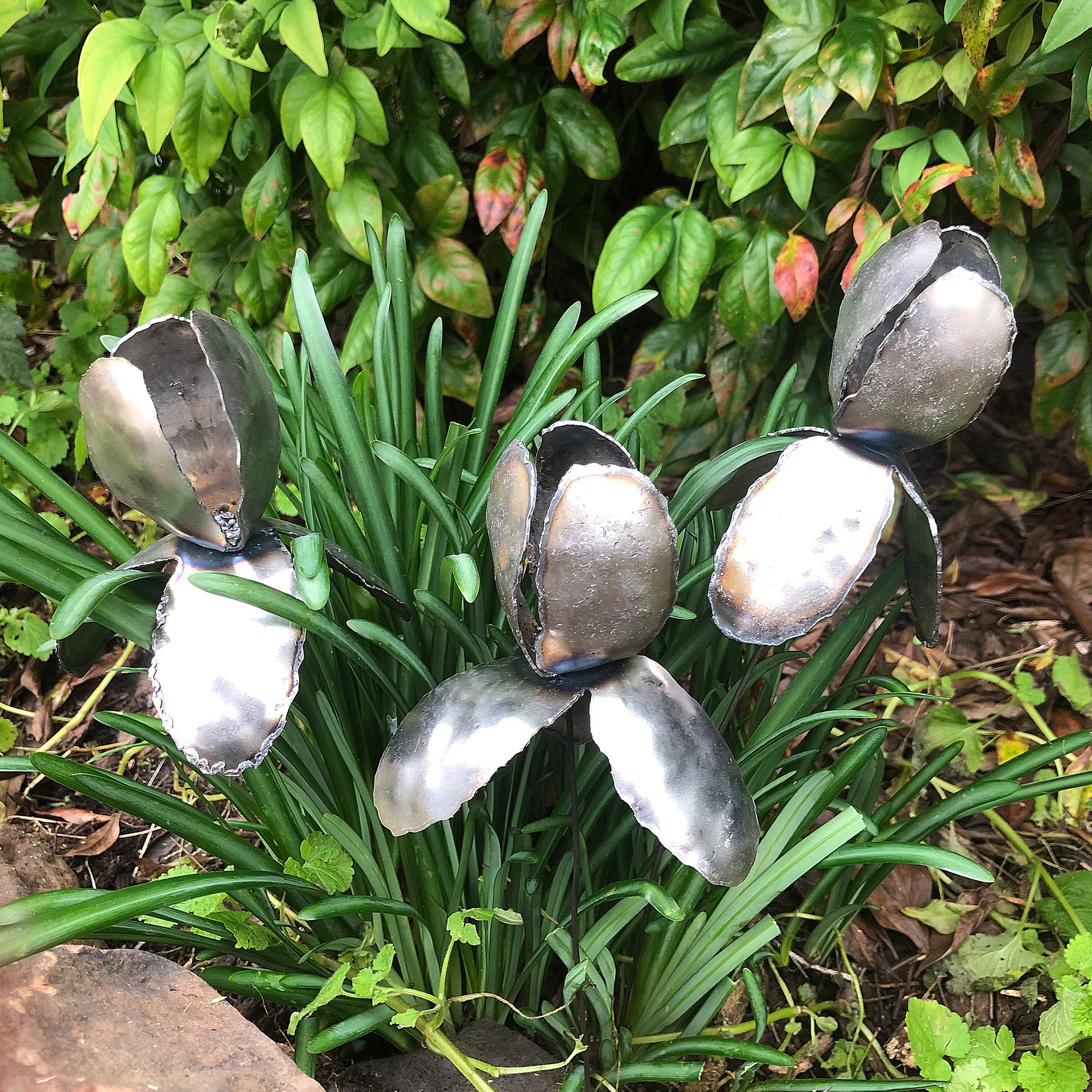 Handmade Raw Steel Iris Flower Stakes - Industrial Home Decor, Set of 3