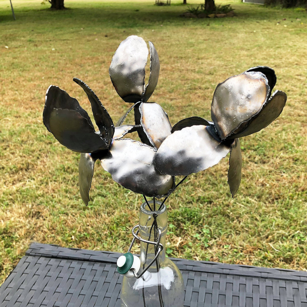 Handmade Raw Steel Iris Flower Stakes - Industrial Home Decor, Set of 3