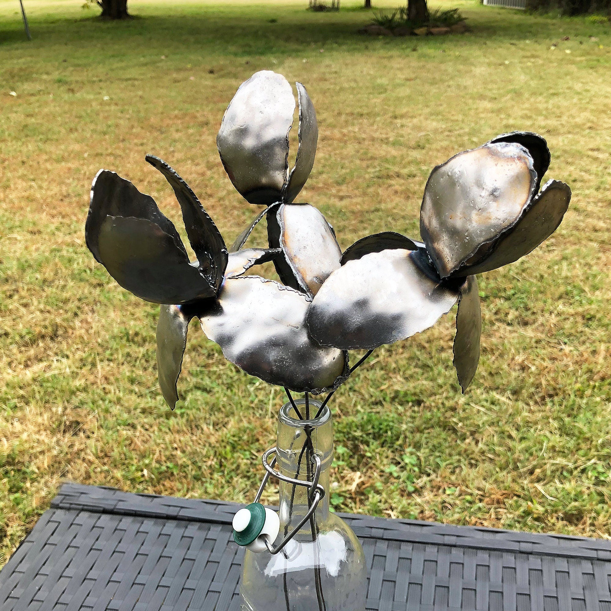 Handmade Raw Steel Iris Flower Stakes - Industrial Home Decor, Set of 3