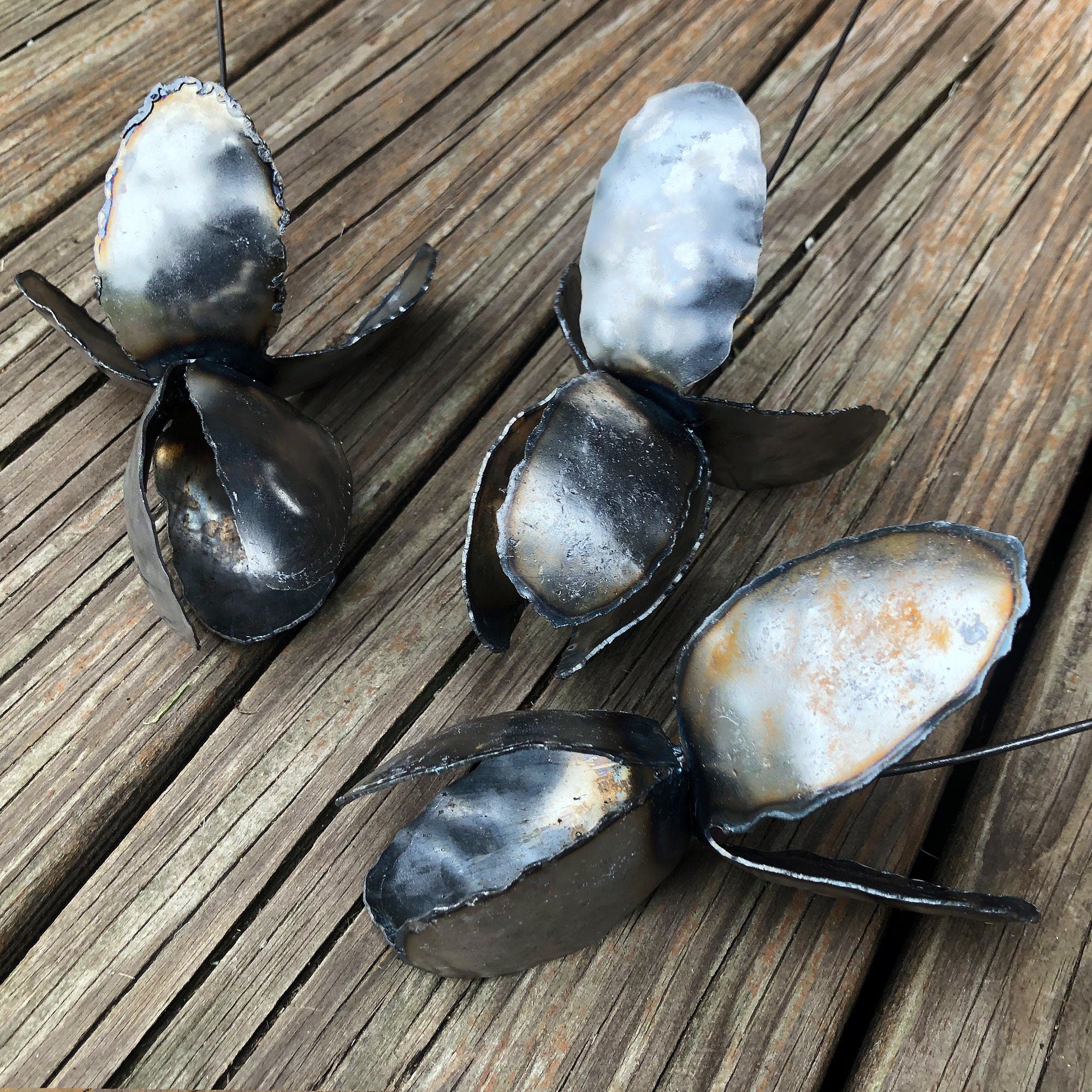 Handmade Raw Steel Iris Flower Stakes - Industrial Home Decor, Set of 3