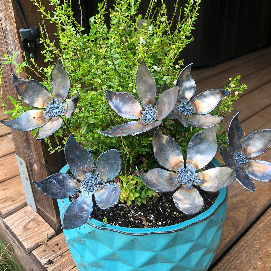 Handmade Steel Jasmine Flower Stakes: Unfinished Metal Garden Art, Set of 6