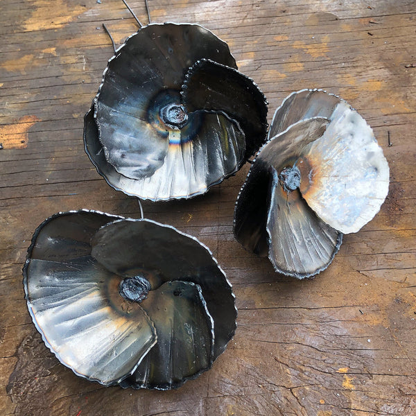 Handmade Steel Poppy Decor - Set of 3 - Industrial Flower Stakes