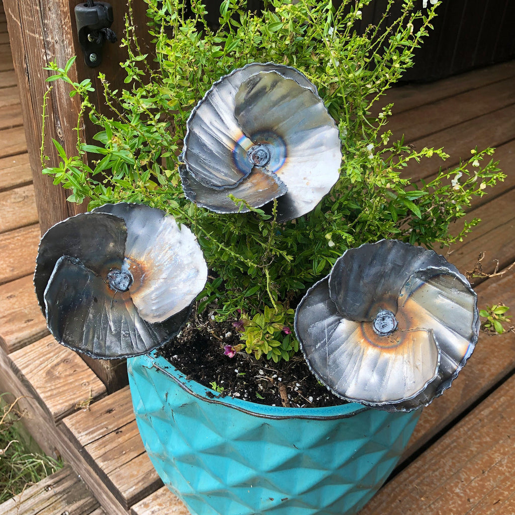 Handmade Steel Poppy Decor - Set of 3 - Industrial Flower Stakes