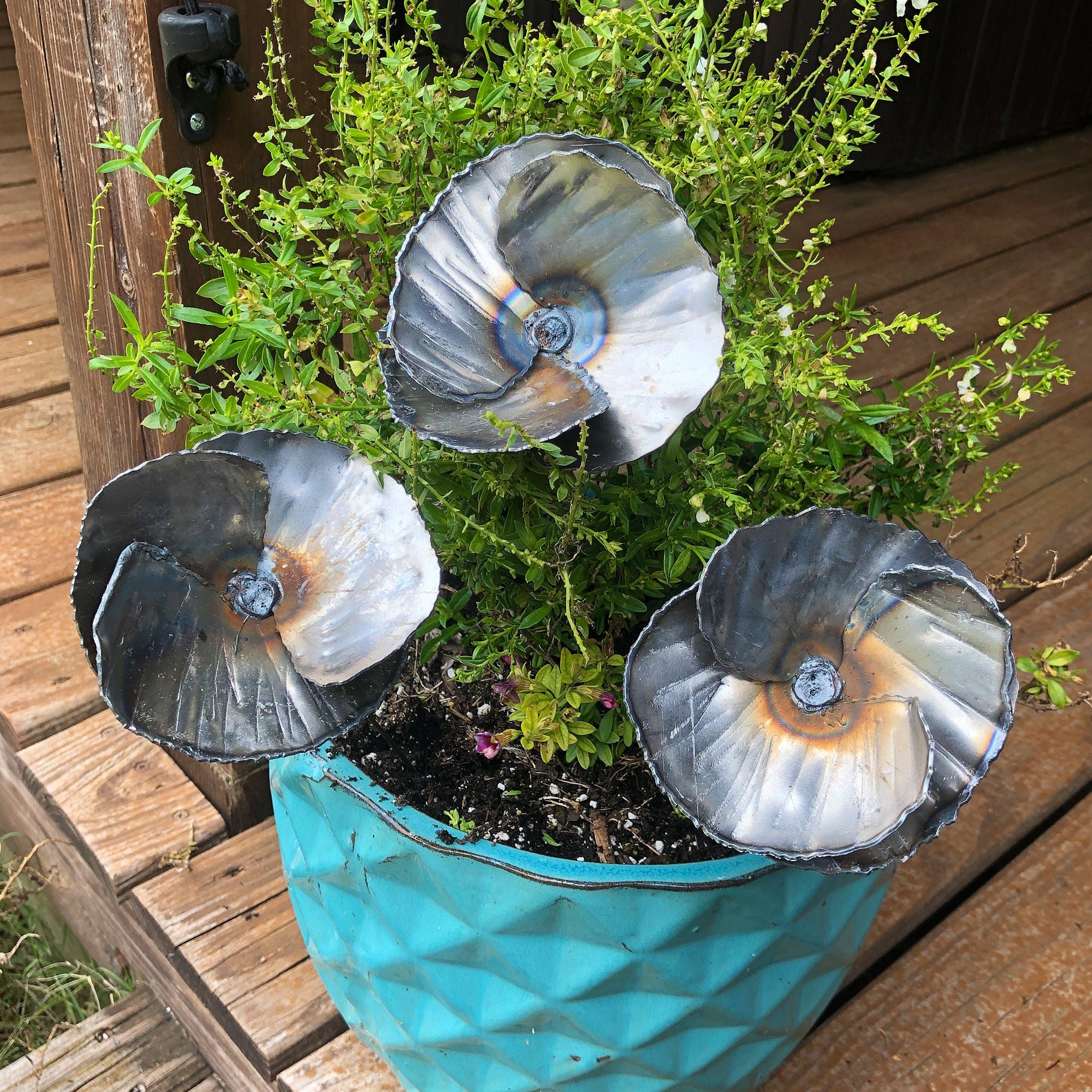Handmade Steel Poppy Decor - Set of 3 - Industrial Flower Stakes