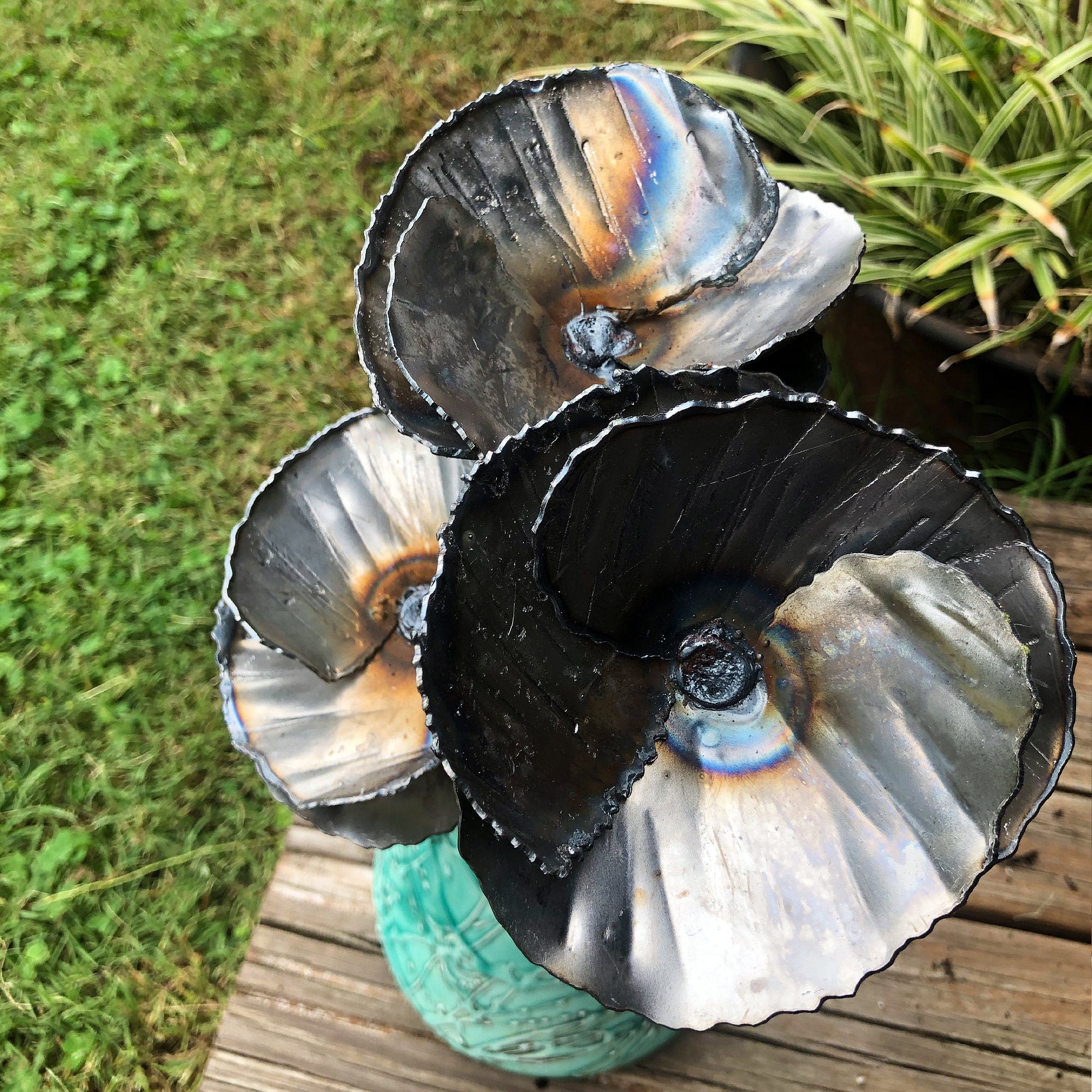 Handmade Steel Poppy Decor - Set of 3 - Industrial Flower Stakes