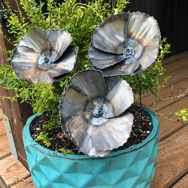 Handmade Steel Poppy Set: Industrial Flower Stems, Vase Accent Decor