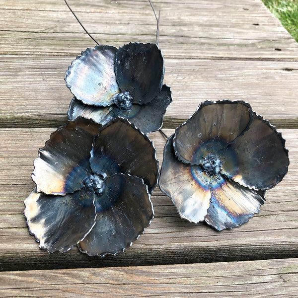 Handmade Steel Poppy Flower Stakes: Rustic Home Decor, Set of 3
