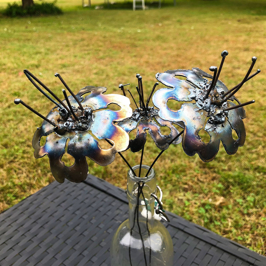 Handmade Steel Flower Stakes: Industrial Home Decor, Set of 3