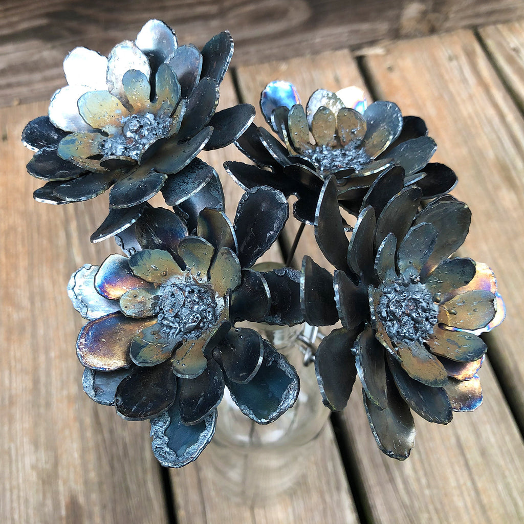 Handmade Steel Zinnia Flower Stake Set: Rustic Industrial Decor