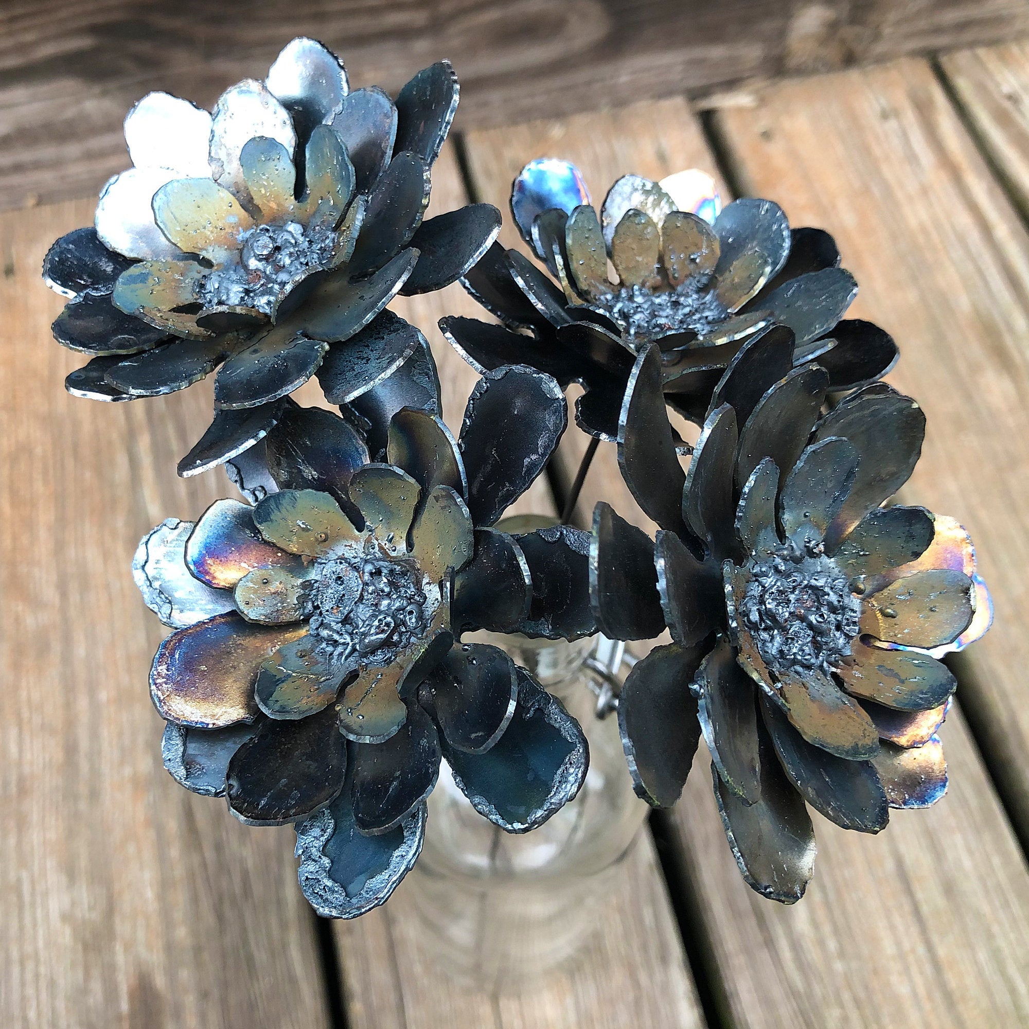 Handmade Steel Zinnia Flower Stake Set: Rustic Industrial Decor