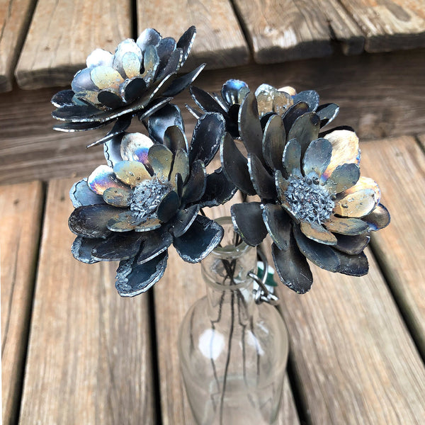 Handmade Steel Zinnia Flower Stake Set: Rustic Industrial Decor