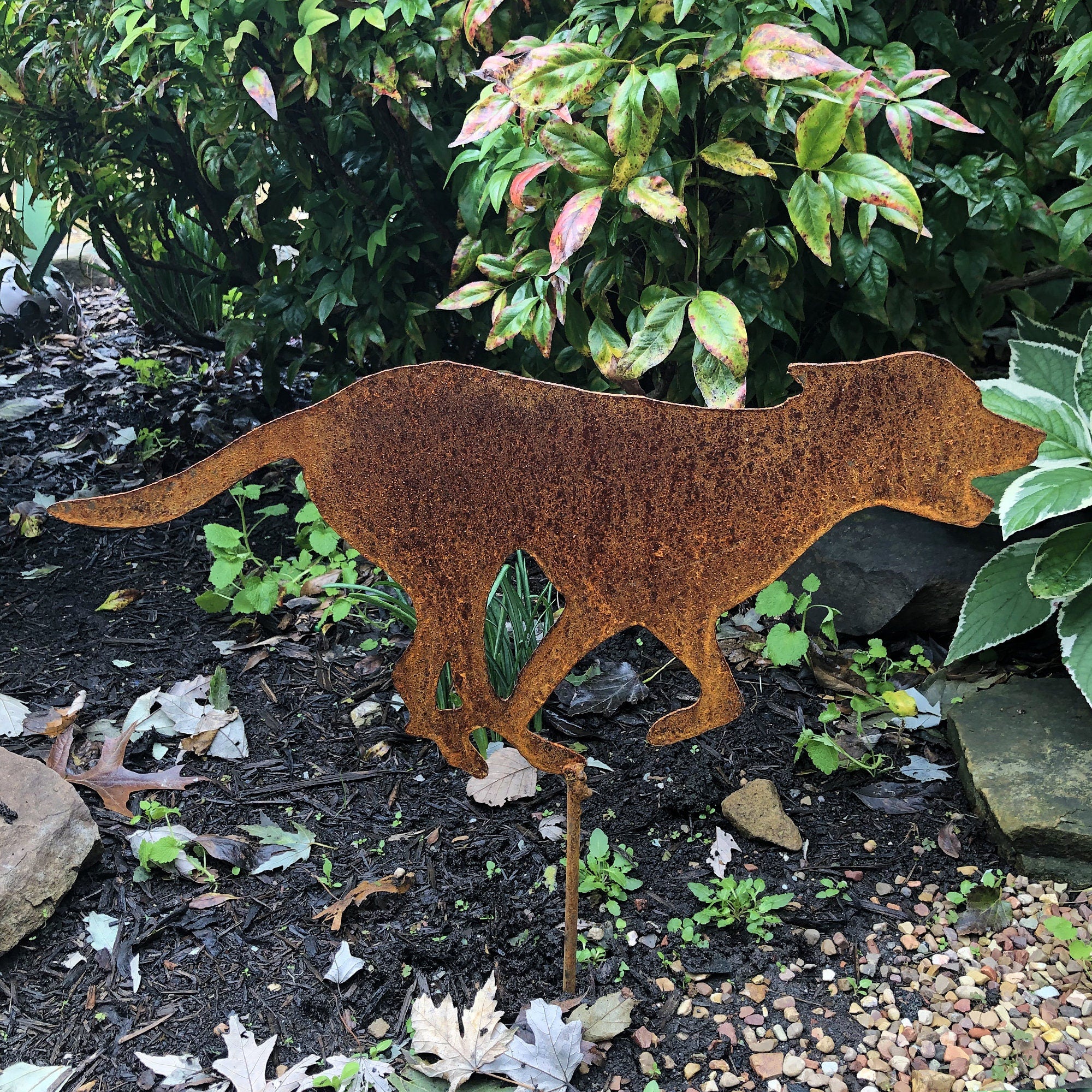 Handmade Running Labrador Garden Stake: Rustic Metal Dog Memorial (18x9)