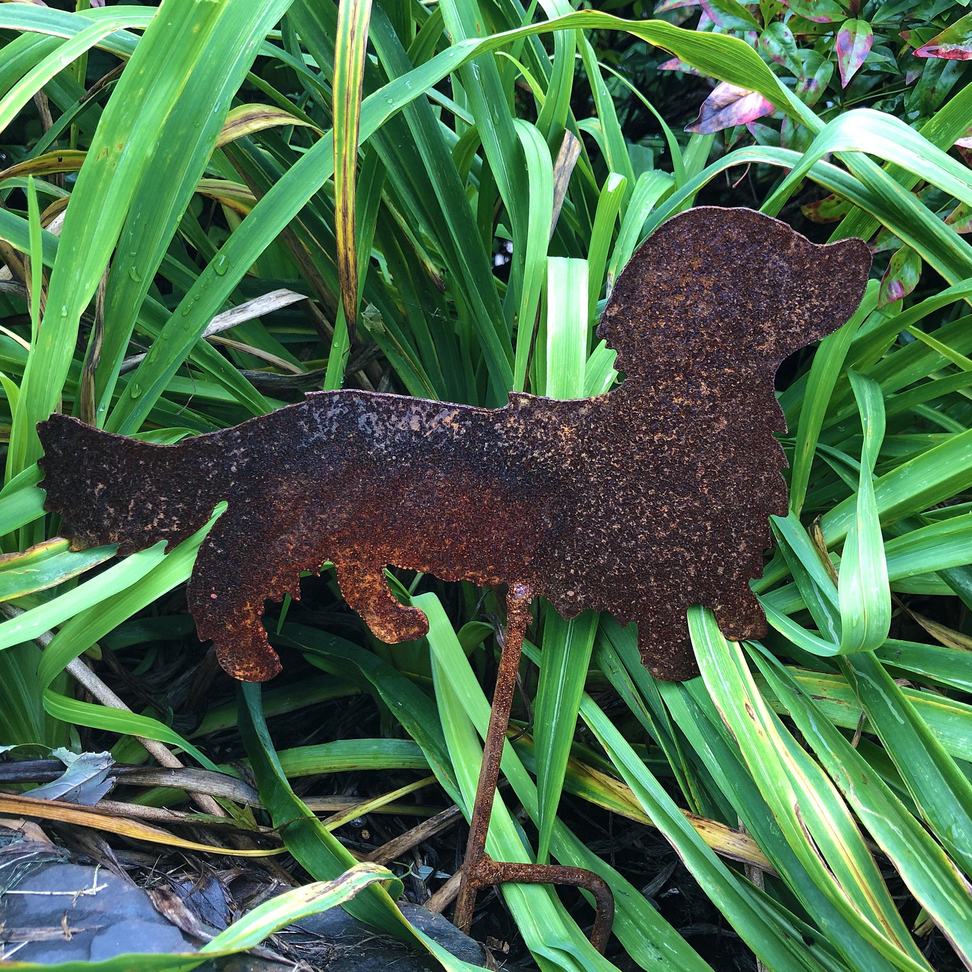 Rusted Metal Dachshund Yard Stake: Wiener Dog Garden Decor