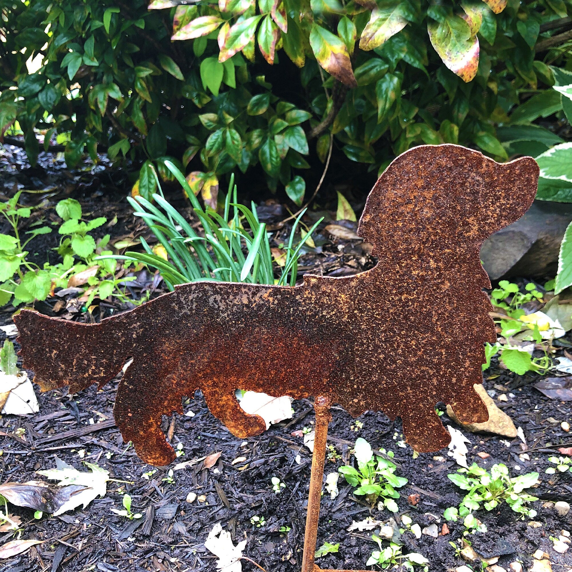 Rusted Metal Dachshund Yard Stake: Wiener Dog Garden Decor