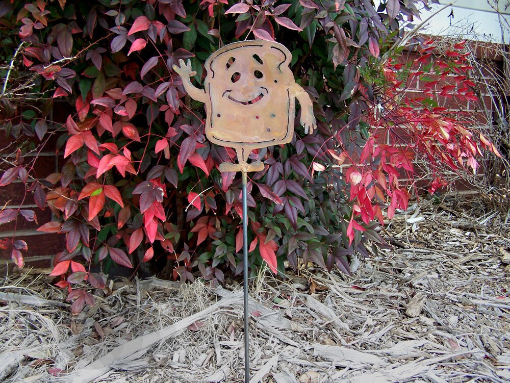 Happy Toast Man Metal Garden Stake: Whimsical Rustic Decor
