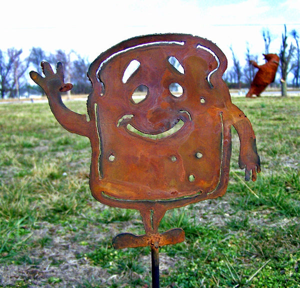 Happy Toast Man Metal Garden Stake: Whimsical Rustic Decor