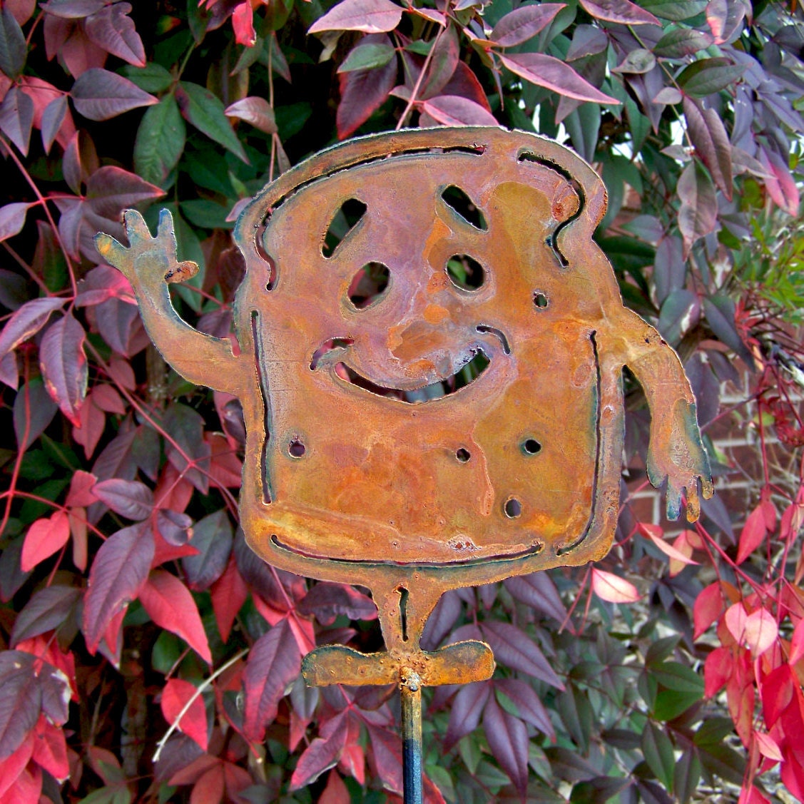 Happy Toast Man Metal Garden Stake: Whimsical Rustic Decor