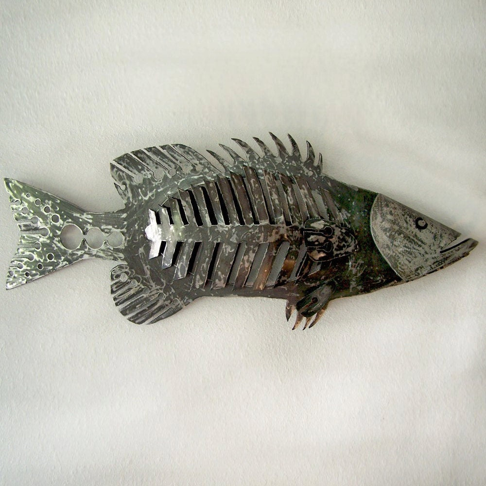Giant Steel Bass Sculpture: 48" Wall Mounted Fish Decor