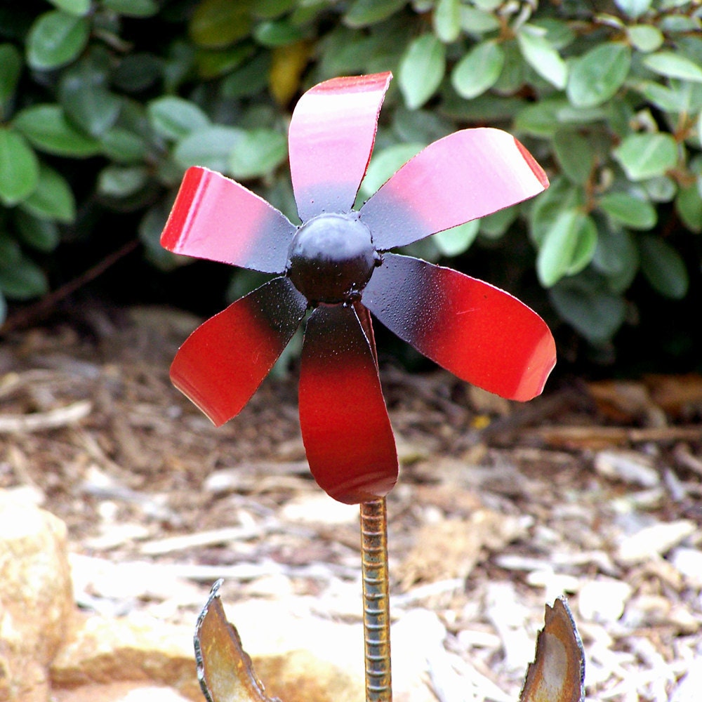Metal Flower Stake: Hammered Steel Garden Art - "The Pearl"