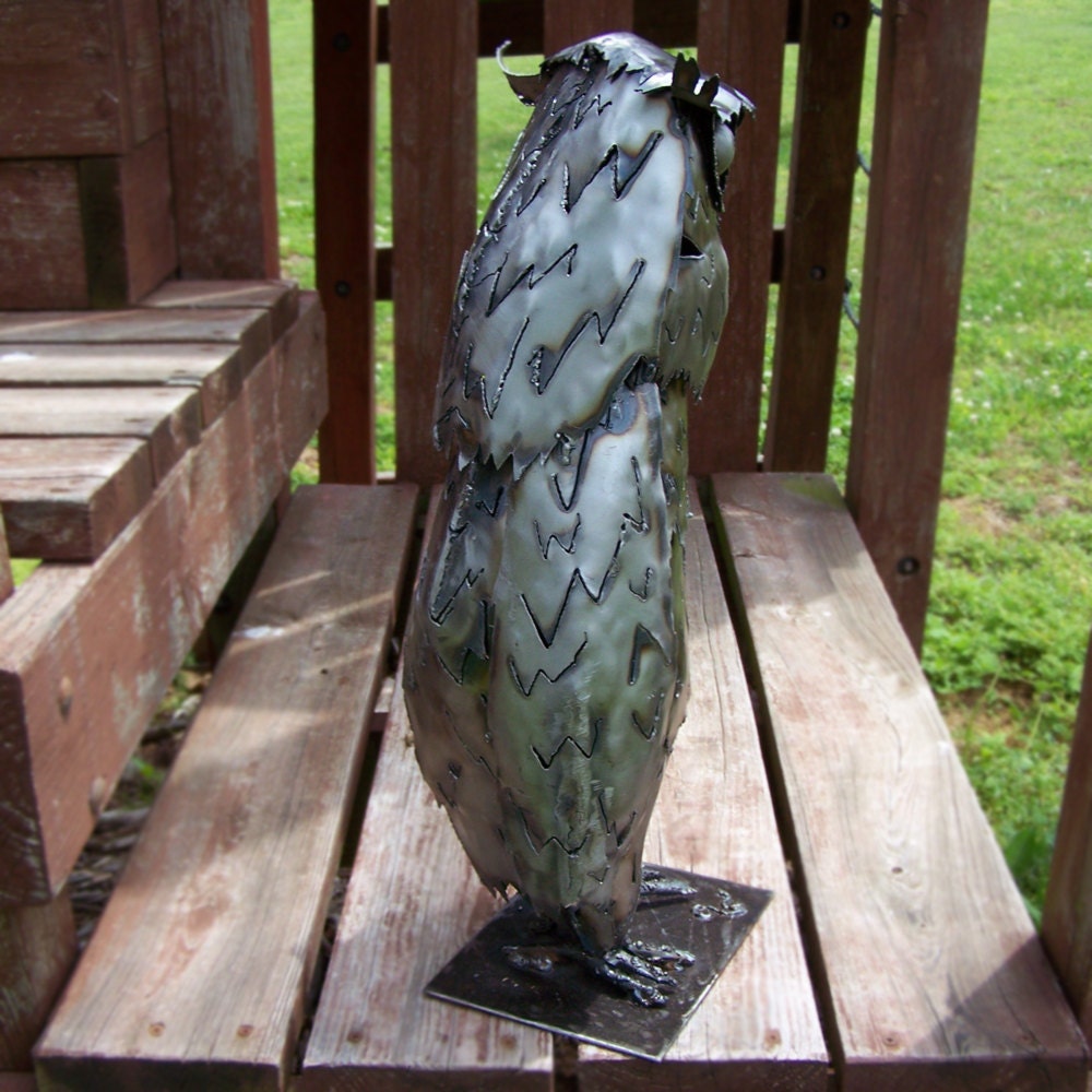 Hand Carved Metal Owl Sculpture: Modern Bird Artwork
