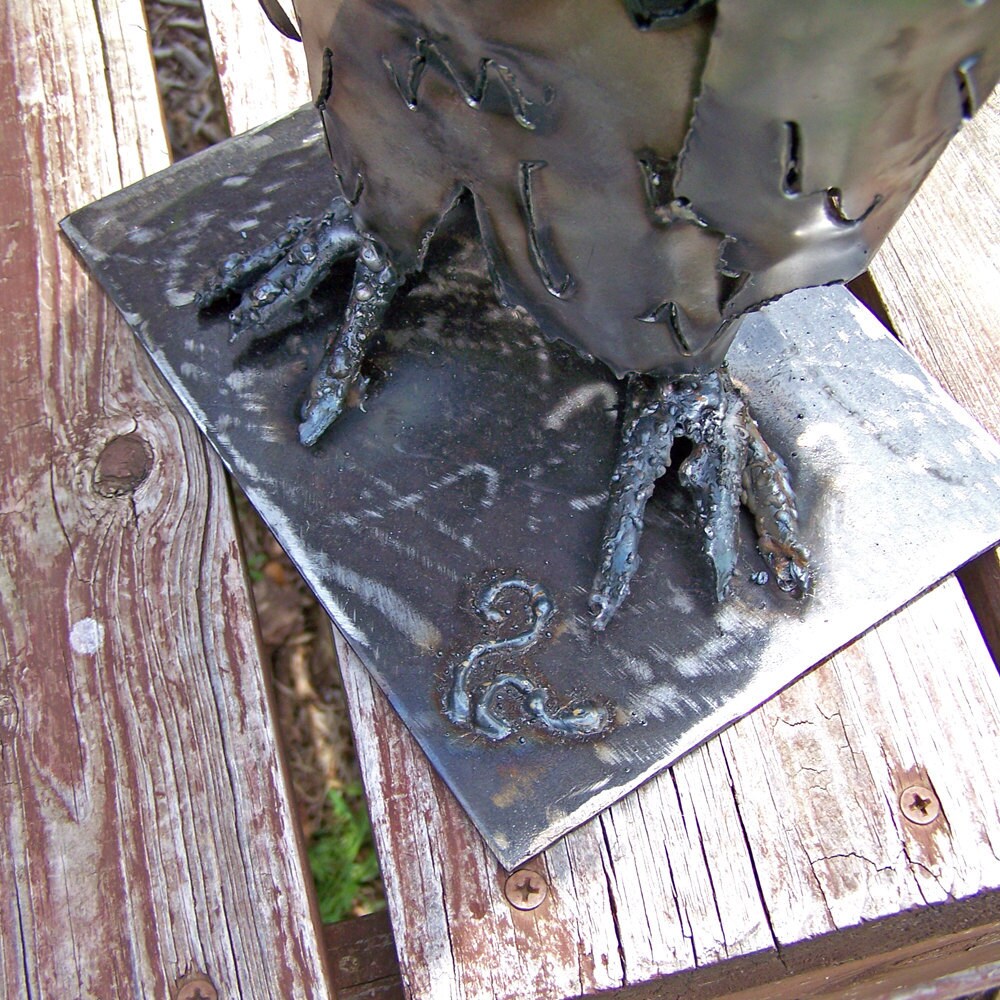 Hand Carved Metal Owl Sculpture: Modern Bird Artwork