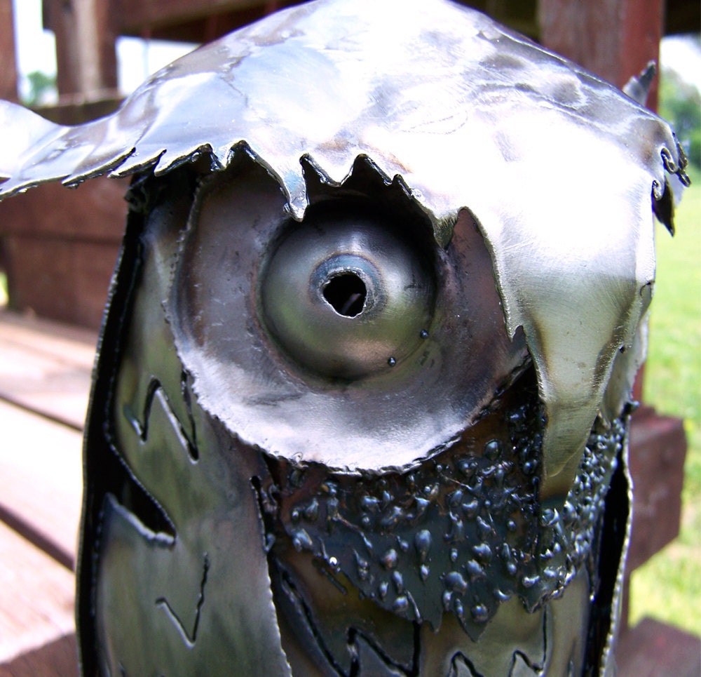 Hand Carved Metal Owl Sculpture: Modern Bird Artwork