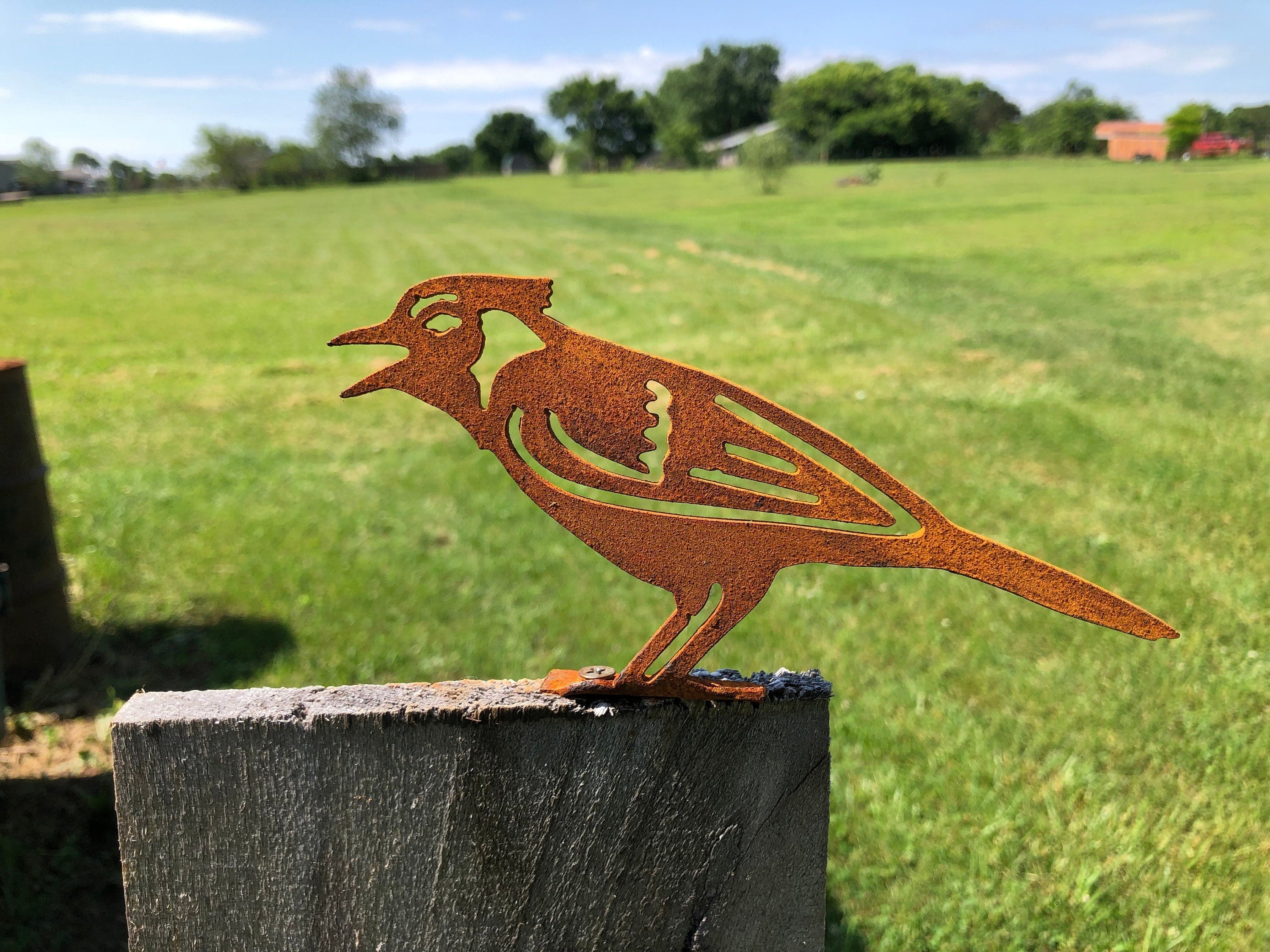 Rustic Metal Blue Jay Bird: Garden Decor, Fence Post Topper