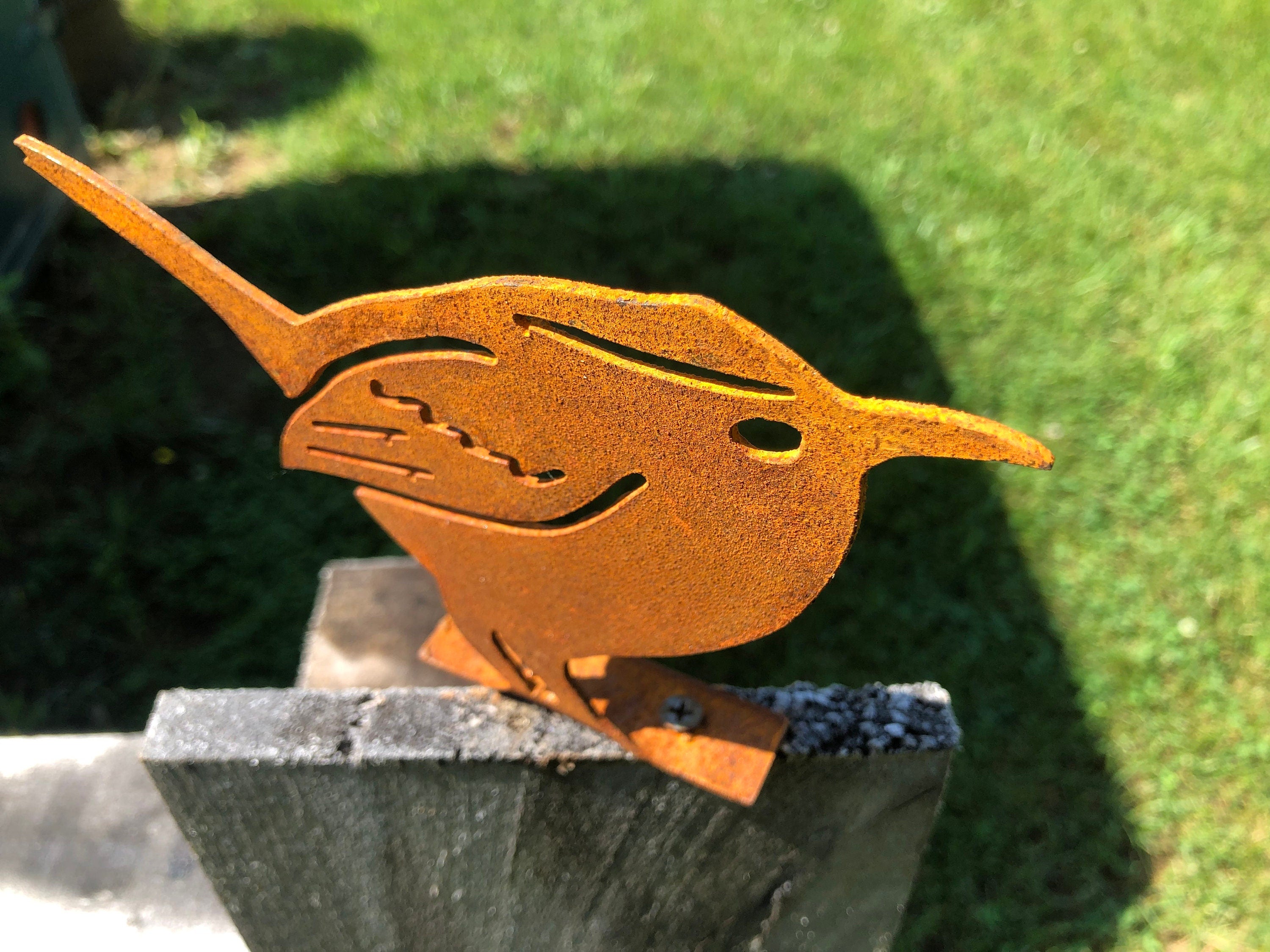 Handmade Rustic Metal Winter Wren: Garden Decor, Fence Post Topper
