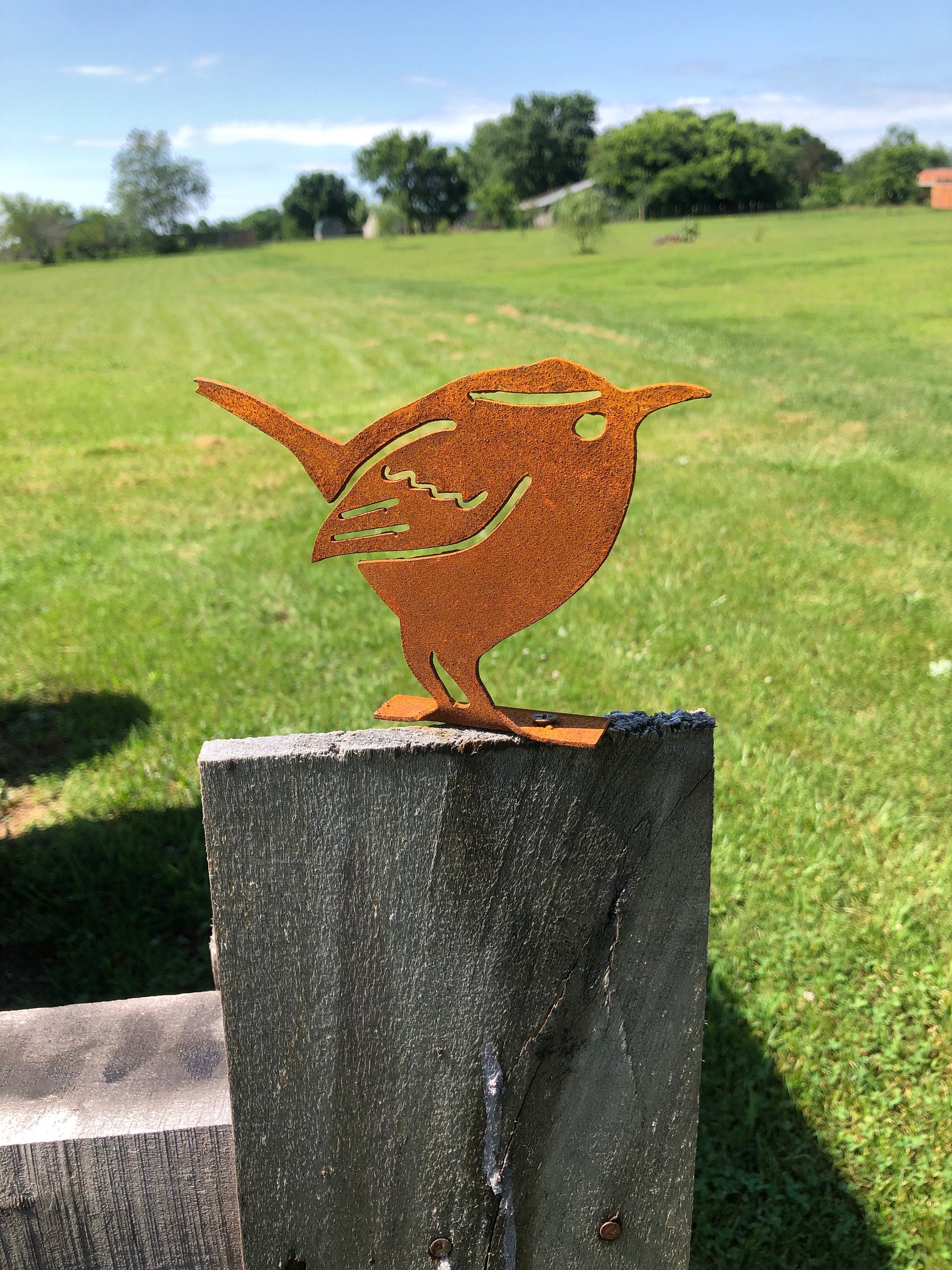 Handmade Rustic Metal Winter Wren: Garden Decor, Fence Post Topper