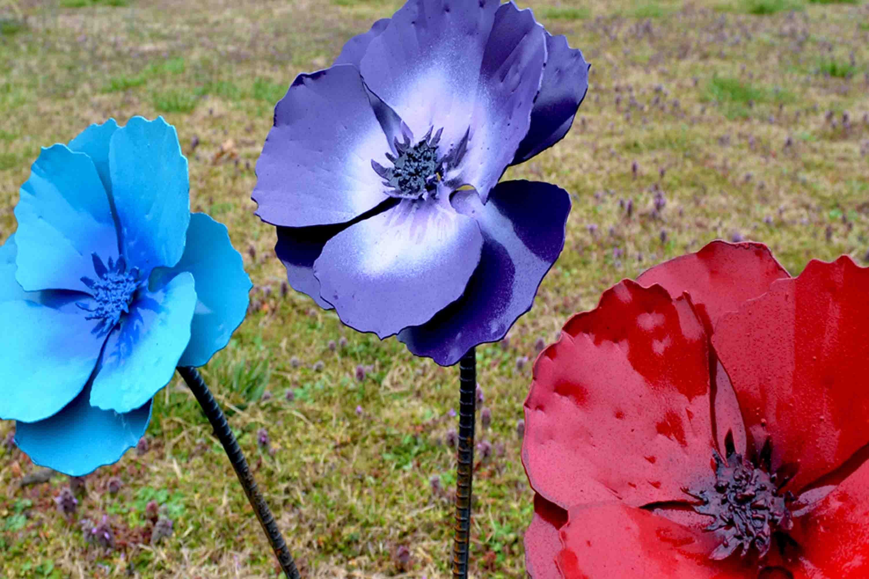 Handmade Red Metal Poppy Flower Stake - Outdoor Garden Art