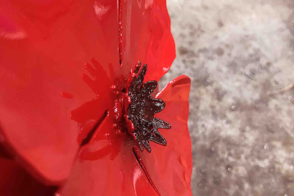 Handmade Metal Poppy Flower Garden Stake - Red Blooming Yard Art