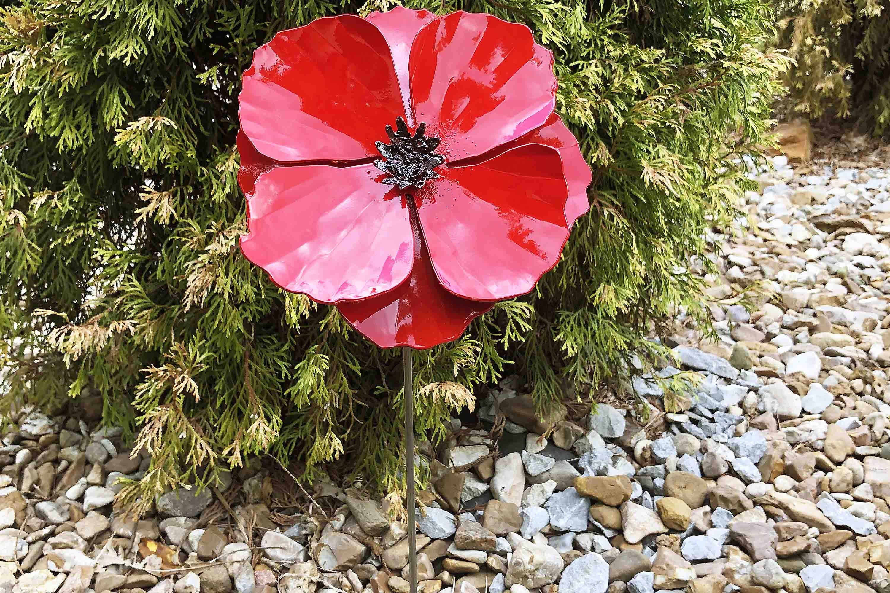Handmade Metal Poppy Flower Garden Stake - Red Blooming Yard Art