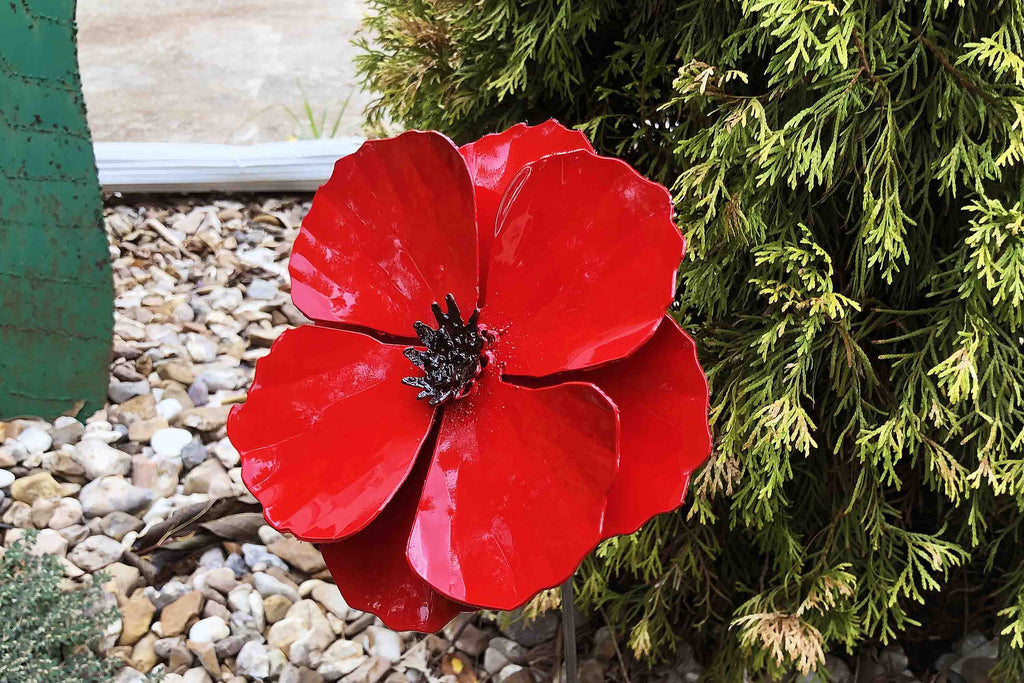 Handmade Metal Poppy Flower Garden Stake - Red Blooming Yard Art