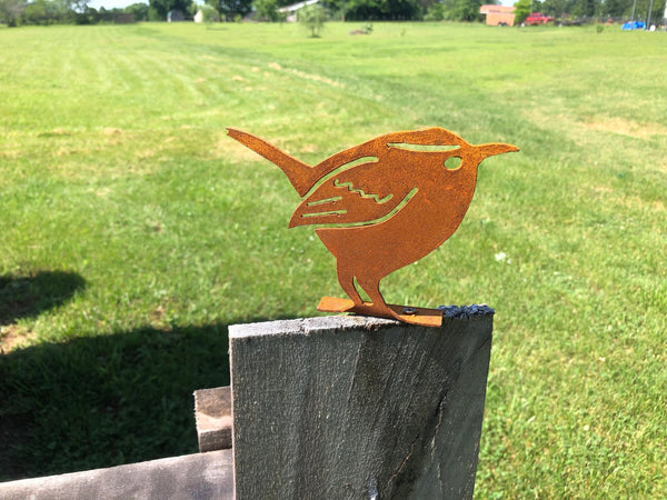 Handmade Rustic Metal Winter Wren: Garden Decor, Fence Post Topper