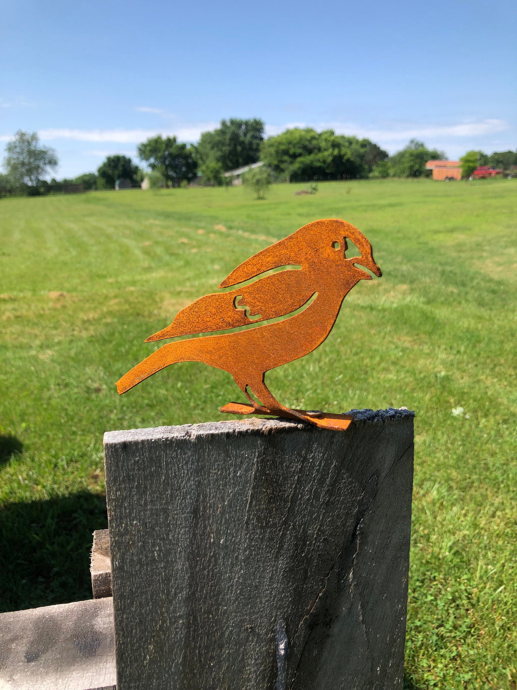 Handmade Rustic Metal Goldfinch: Garden Decor, Fence Post Bird