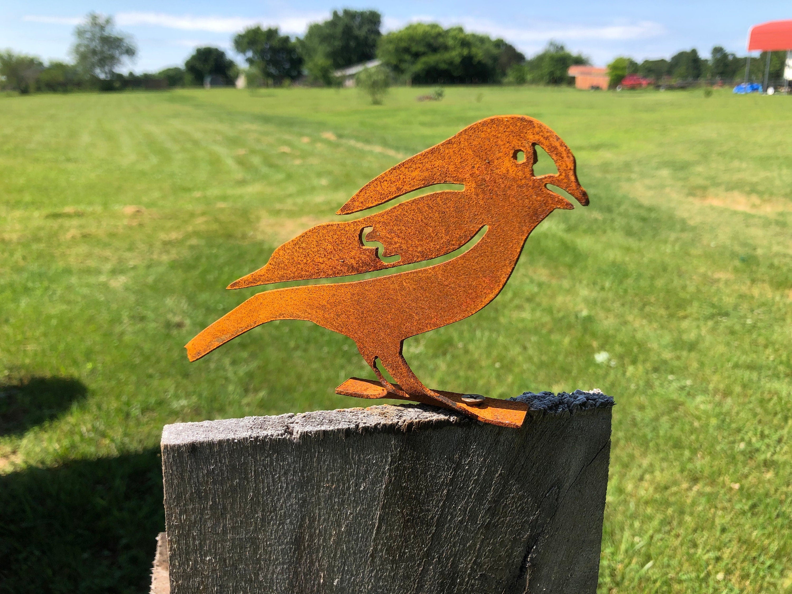 Handmade Rustic Metal Goldfinch: Garden Decor, Fence Post Bird