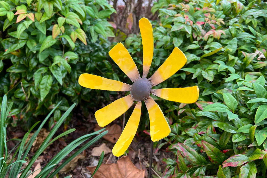 Handmade Metal Sunflower Garden Stake: Rustic Yellow Steel Flowerbed Accent