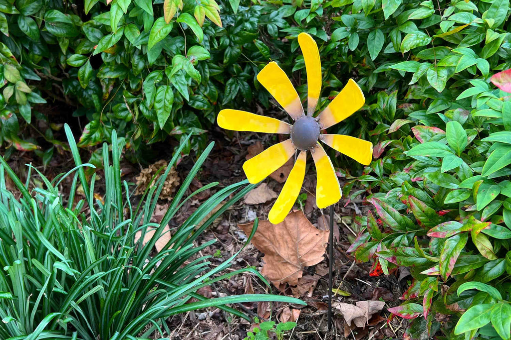 Handmade Metal Sunflower Garden Stake: Rustic Yellow Steel Flowerbed Accent