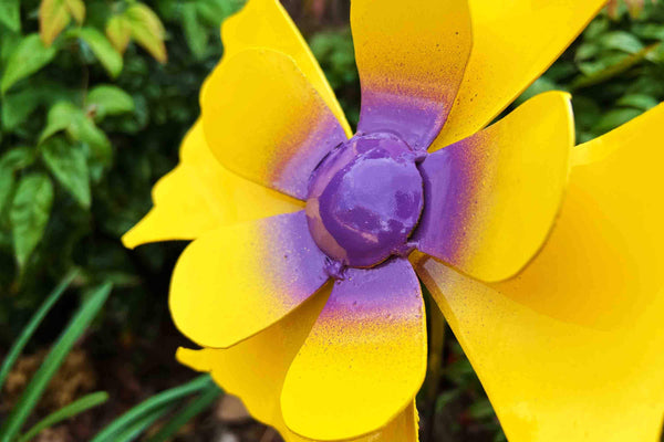 Gabriela Metal Flower Stake: Yellow & Purple Garden Art (22" Tall)