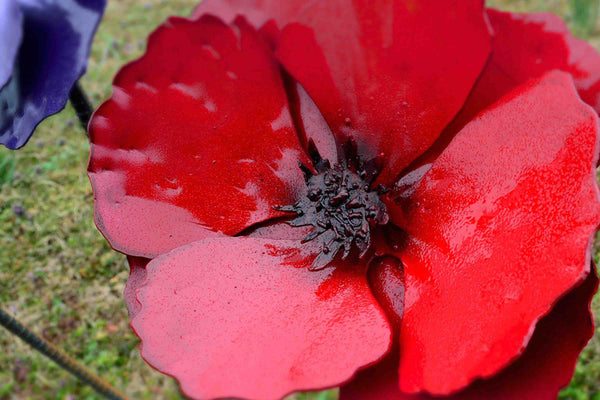 Handmade Red Metal Poppy Flower Stake - Outdoor Garden Art