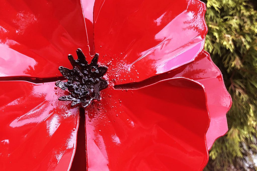 Handmade Metal Poppy Flower Garden Stake - Red Blooming Yard Art