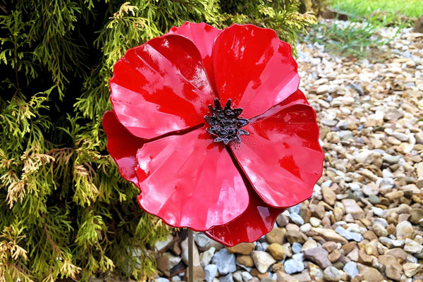 Handmade Metal Poppy Flower Garden Stake - Red Blooming Yard Art