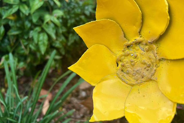 Rustic Yellow Metal Dandelion Flower Stake - Patio Garden Art